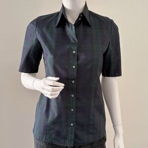 Vintage Harold’s Navy & Green Plaid Short Sleeve Puff Shoulder Button Down Top